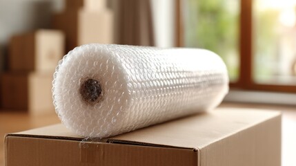 A roll of clear bubble wrap rests on a cardboard box in a sunlit room, with other boxes blurred