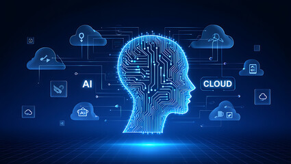 Futuristic ai brain with glowing circuits and cloud computing symbols representing artificial intelligence and digital transformation in technology