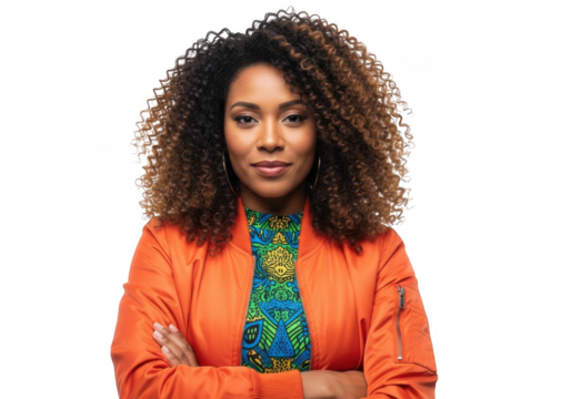 A confident woman with voluminous curly hair wearing a vibrant orange jacket and a colorful patterned shirt isolated on transparent background