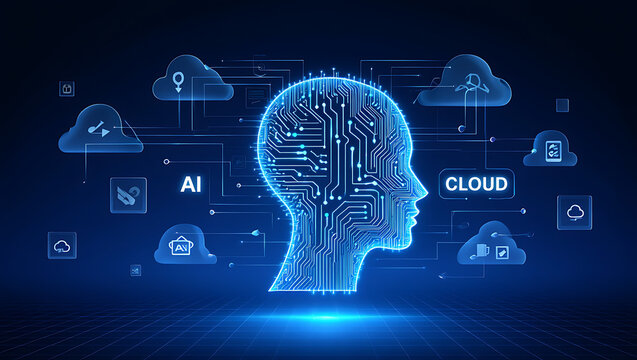 Futuristic ai brain with glowing circuits and cloud computing symbols representing artificial intelligence and digital transformation in technology