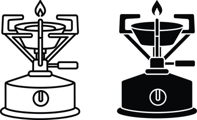Two camping stove icons one outlined one solid vactor black with flame portable stove