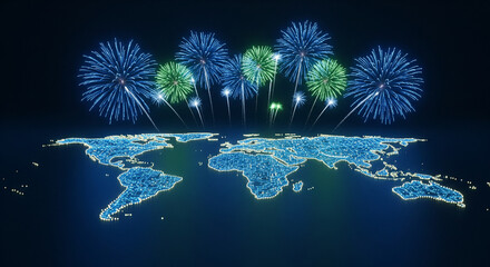 Fireworks over a stylized world map