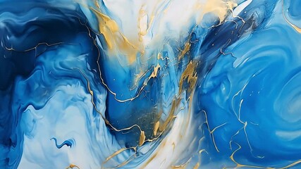 Abstract painting with blue and gold swirls. The artwork features a blend of vibrant colors creating a fluid and dynamic composition. - Powered by Adobe