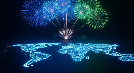 Fireworks over a world map