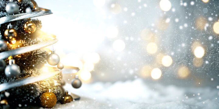 Close up of a decorated christmas tree with glowing lights and falling snow