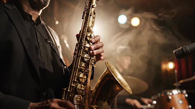 Close Up Saxophone Reflecting Gold Light In Jazz Club