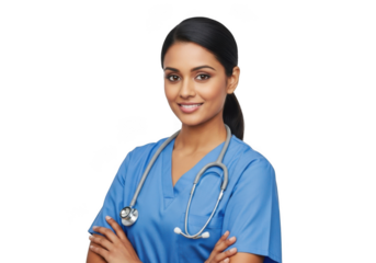 Young indian female healthcare professional wearing blue scrubs and stethoscope smiling confidently isolated on transparent background