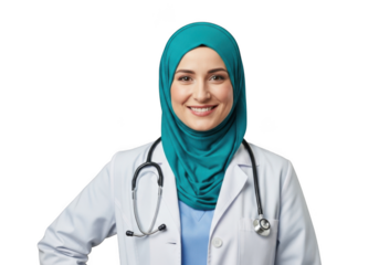 Smiling muslim female doctor wearing a teal hijab and white lab coat with a stethoscope isolated on transparent background