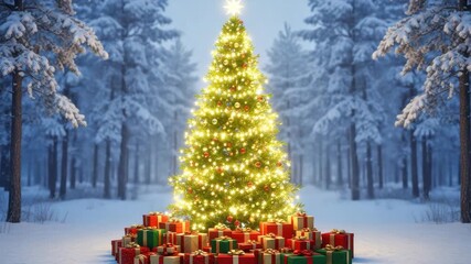 Beautifully decorated christmas tree with presents in a snowy forest setting - Powered by Adobe