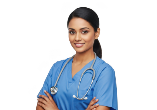 Young indian female healthcare professional wearing blue scrubs and stethoscope smiling confidently isolated on transparent background
