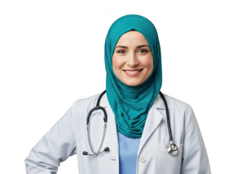 Smiling muslim female doctor wearing a teal hijab and white lab coat with a stethoscope isolated on transparent background