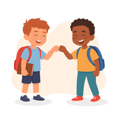 Two happy schoolboys cartoon characters strengthening friendship with fist bump gesture cartoon scene. Mutual respect, positive classmates bonding and solidarity