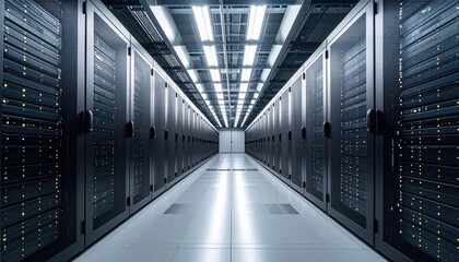 Illuminated Server Room Aisle With Racks Of Computers And Data Storage Equipment Under Bright Fluorescent Lights