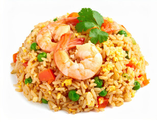 Delicious mound of Thai fried rice with shrimp, peas, and carrot, garnished with cilantro. This appetizing Asian cuisine dish, flavorful meal, isolated on white background