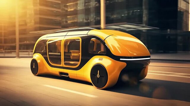 Futuristic passenger taxi cab parked in urban street. Robotaxi with autopilot. Generative AI