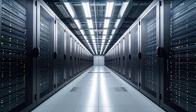 Illuminated Server Room Aisle With Racks Of Computers And Data Storage Equipment Under Bright Fluorescent Lights