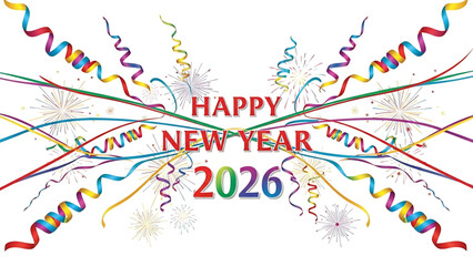 Naklejka premium Festive Happy New Year 2026 Celebration with Streamers and Fireworks