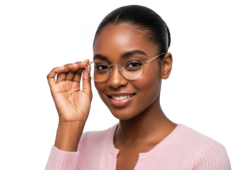 Smiling young black woman with glasses adjusting her eyewear with a gentle touch isolated on transparent background
