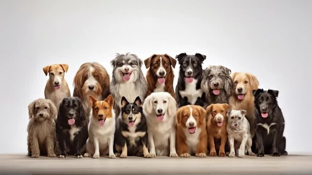 Group of dogs different breeds on white. Pets sitting on white background and looking at camera. Generative AI