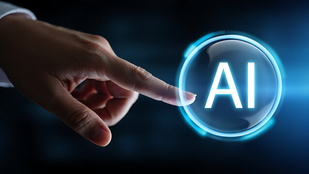 Close up of a human finger touching a glowing blue ai button on a dark futuristic digital interface representing artificial intelligence