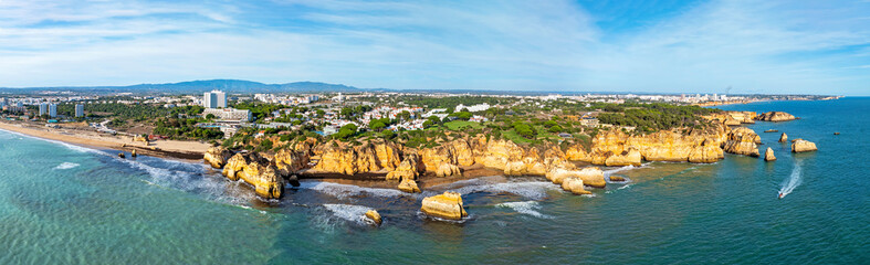 Aerial from the famous beach Praia Tres Irmaos in Alvor Portugal
