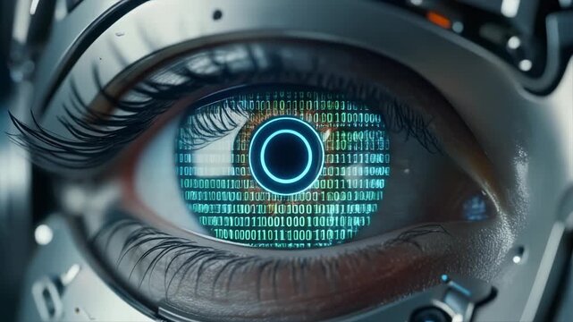 Extreme Close Up of Futuristic Robotic Eye Scanning with Digital Data Reflection, Macro Zoom