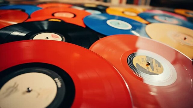 Pile of colorful audio player LP vinyl records. Old-fashioned plastic music plates for turntable. Generative AI