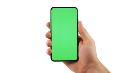 Hand holding mobile smartphone with blank green screen chroma key for mockup isolated on clean white background for business app display advertising design web presentation