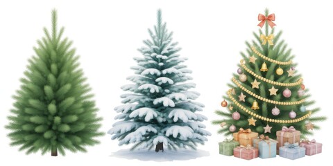 Fototapeta premium Three distinct evergreen trees including a decorated christmas tree