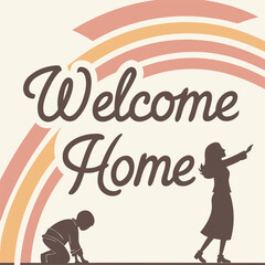 Welcome home illustration featuring a family silhouette and a retro rainbow design