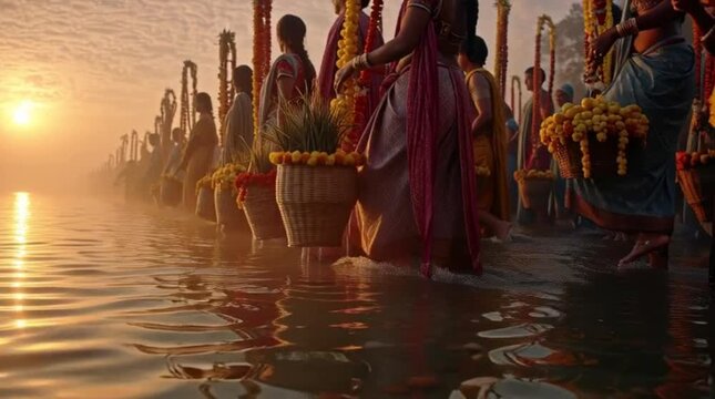 Women in Sari Perform Chhath Puja Ritual Standing in River at Sunrise