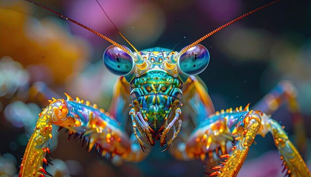 Intelligent Praying Mantis Insect with Vibrant Blue Eyes and Ornate Colorful Body Detailed Macro Shot with Blurred Background and Soft Lighting