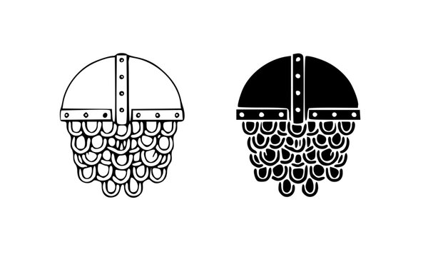 Medieval Spangenhelm Helmet with Chainmail Aventail Icon, Simple Line Art and Solid Black Silhouette Vector Illustration