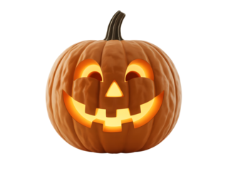 Glowing jack o lantern pumpkin with carved face isolated on transparent background