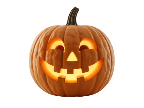 Glowing jack o lantern pumpkin with carved face isolated on transparent background