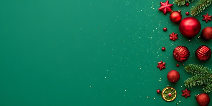 Festive christmas ornaments and pine sprigs on a green background