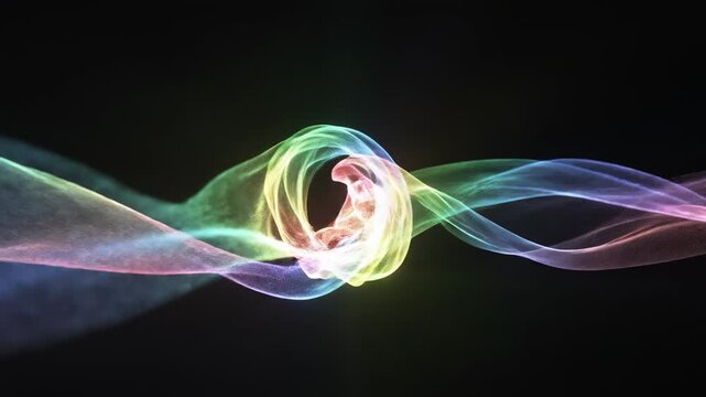Seamless looping abstract visualization of vibrant RGB spectrum light bending and flowing across a deep black void gradient, holographic, minimalist