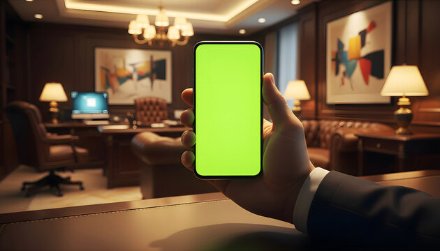 Hand holding mobile smartphone with blank green screen chroma key for mockup in luxury dark office interior with leather sofa and lamps background for businessman app display
