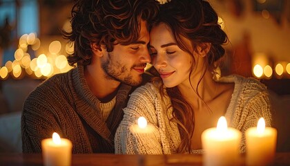 Intimate Couple Embracing by Candlelight with Soft Bokeh Lights Creating a Romantic Ambiance and Warm Glow