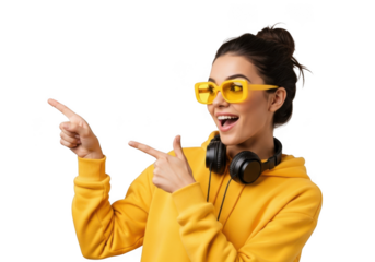 Joyful young woman wearing bright yellow sunglasses and hoodie pointing with both hands isolated on transparent background