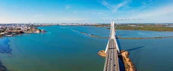 Aerial panorama from the bridge on the N125 and the city Portimao in the Algarve Portugal