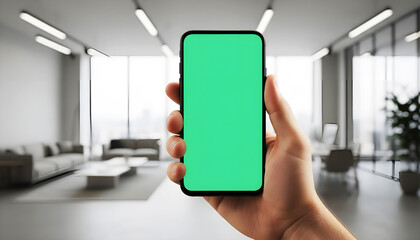 Hand holding mobile smartphone with blank green screen chroma key for mockup in modern white office lounge interior with sofa and coffee table background for business app display