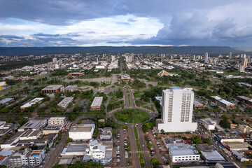Beautiful aerial view of Palmas city modern skyline buildings and streets on a summer day. The newest capital in Brazil. Concept of architecture, urban, modern, travel, tourism, destinations.