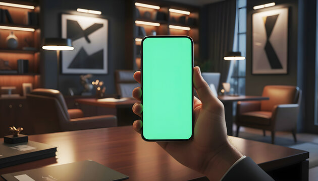 Hand holding mobile smartphone with blank green screen chroma key for mockup in luxury dark office interior with bookshelf art and desk background for executive business app display - Powered by Adobe
