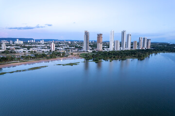 Beautiful aerial view of Palmas city skyline, Tocantins river buildings and streets on a summer day. The newest capital in Brazil. Concept of architecture, urban, modern, travel, tourism, destination.
