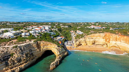 Aerial from the little touristic town Benagil on the southcoast in the Algarve Portugal