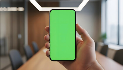Hand holding mobile smartphone with blank green screen chroma key for mockup in boardroom interior with conference table and chairs background for corporate business app display