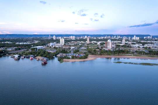 Beautiful aerial view of Palmas city skyline, Tocantins river buildings and streets on a summer day. The newest capital in Brazil. Concept of architecture, urban, modern, travel, tourism, destination.