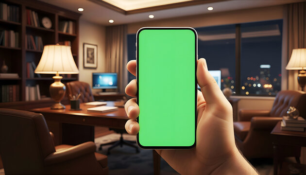 Hand holding mobile smartphone with blank green screen chroma key for mockup in luxury wooden office interior with bookshelf lamp and night city view background for business app