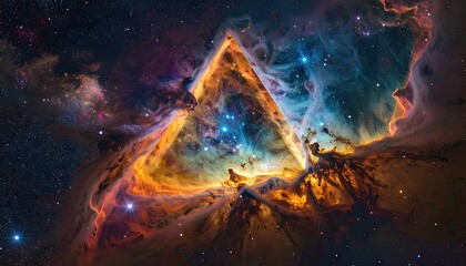 Intricate Cosmic Nebula Formation Shaped Like A Triangular Pyramid With Fiery Orange And Blue Hues Against A Starry Galaxy Backdrop